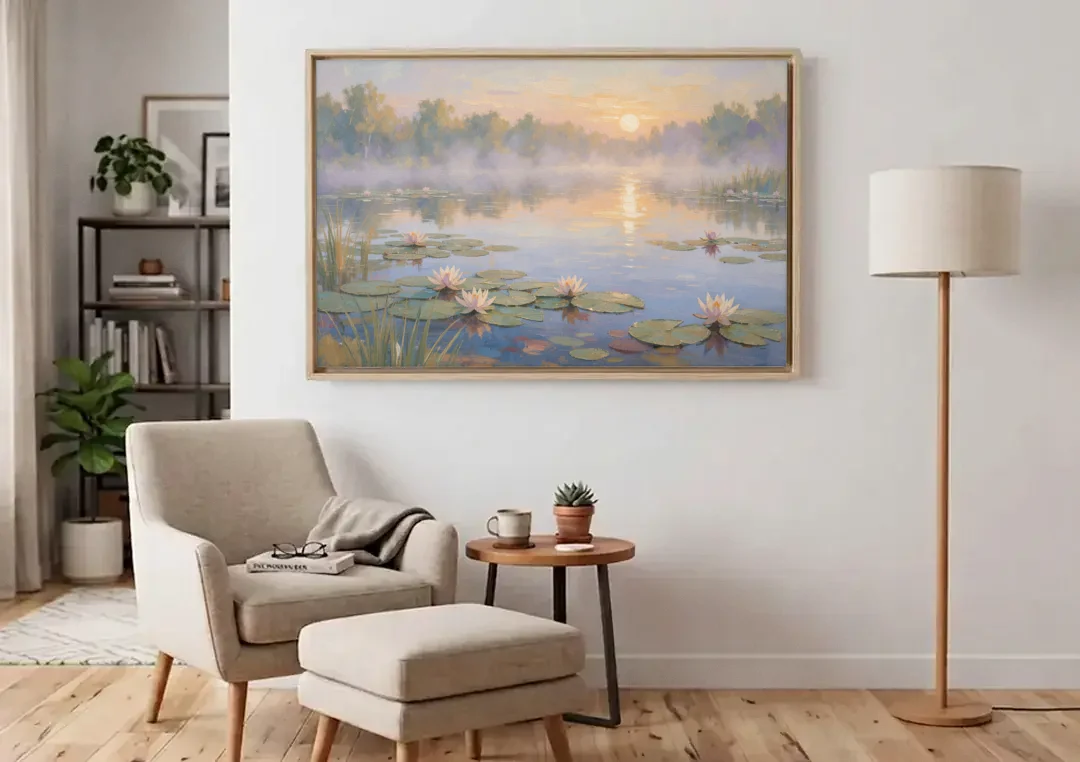 Misty Lily Pond at Sunrise for the Bedroom canvas wall art above an armchair in a bright living room