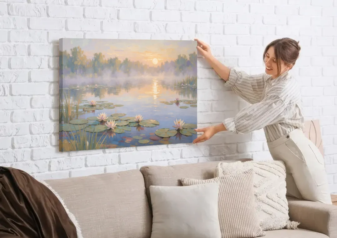 Misty Lily Pond at Sunrise for the Bedroom canvas wall art being hung on a white brick wall above a sofa