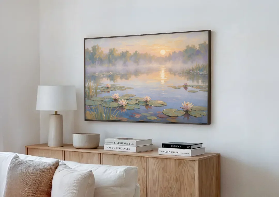 Misty Lily Pond at Sunrise for the Bedroom canvas wall art above a wooden sideboard next to a sofa