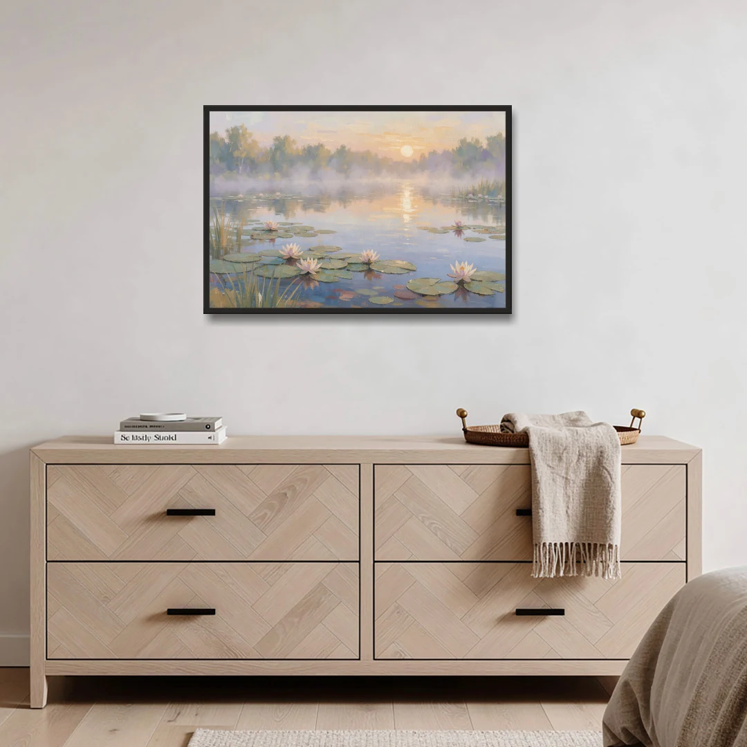 Misty Lily Pond at Sunrise for the Bedroom - Black Framed Canvas Wall Art - Coffee Table - 36x24