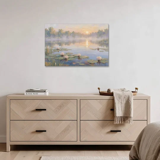 Misty Lily Pond at Sunrise for the Bedroom - Canvas Wall Art - Coffee Table - 36x24