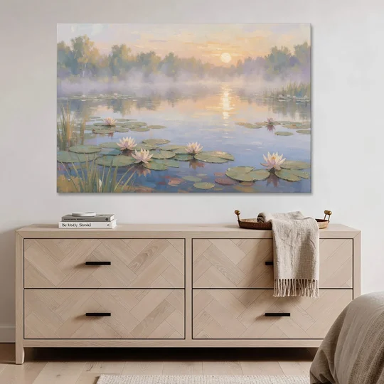 Misty Lily Pond at Sunrise for the Bedroom - Canvas Wall Art - Coffee Table - 60x40