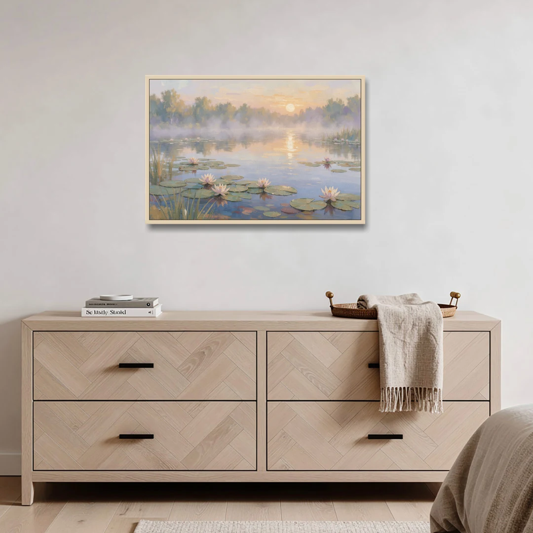 Misty Lily Pond at Sunrise for the Bedroom - Oak Framed Canvas Wall Art - Coffee Table - 36x24