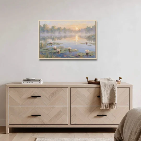 Misty Lily Pond at Sunrise for the Bedroom - Oak Framed Canvas Wall Art - Coffee Table - 36x24