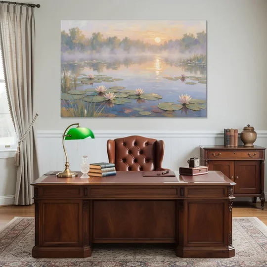 Misty Lily Pond at Sunrise for the Bedroom - Canvas Wall Art - Office - 60x40