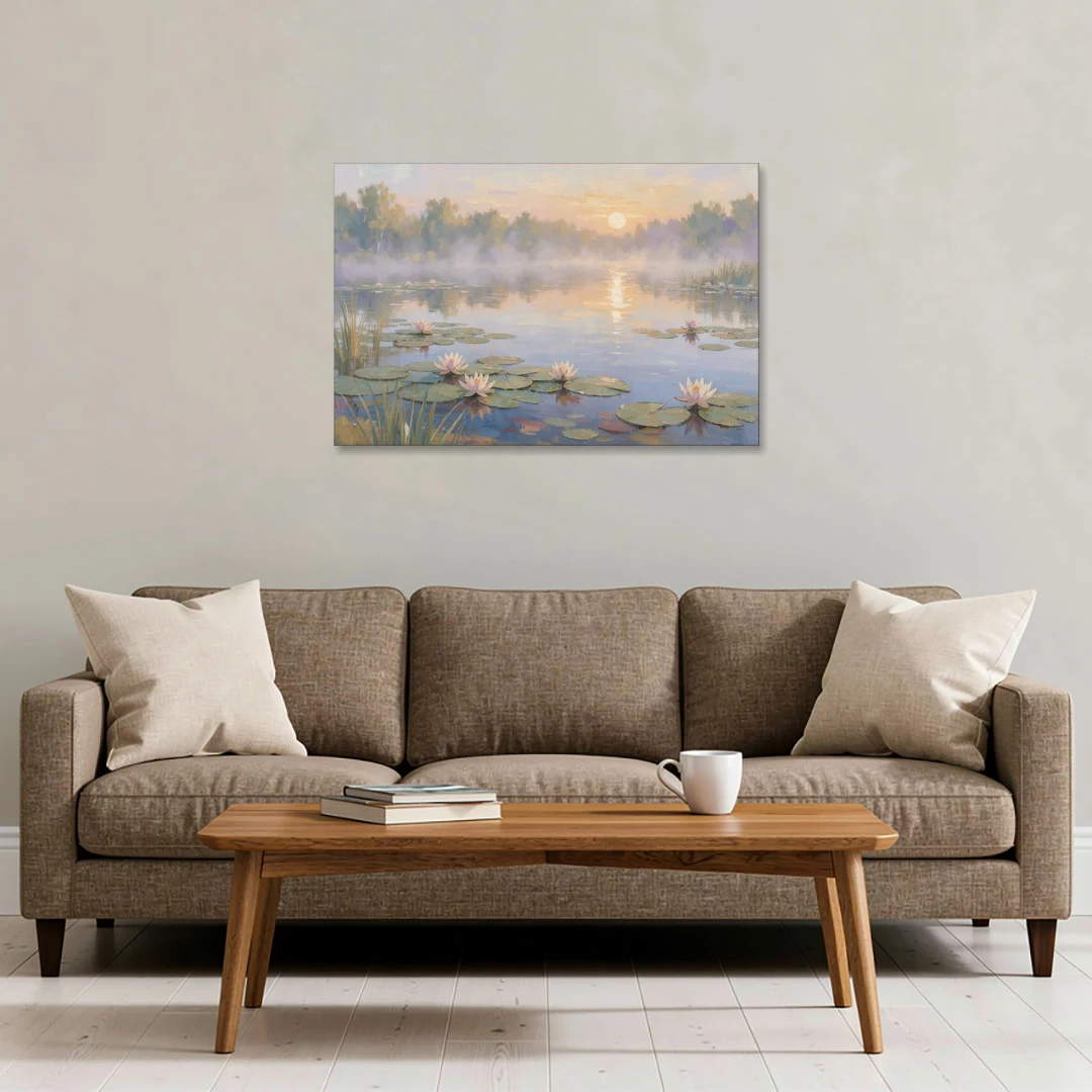 Misty Lily Pond at Sunrise for the Bedroom - Canvas Wall Art - Sofa - 36x24