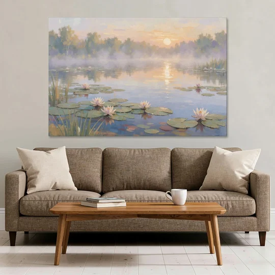 Misty Lily Pond at Sunrise for the Bedroom - Canvas Wall Art - Sofa - 60x40