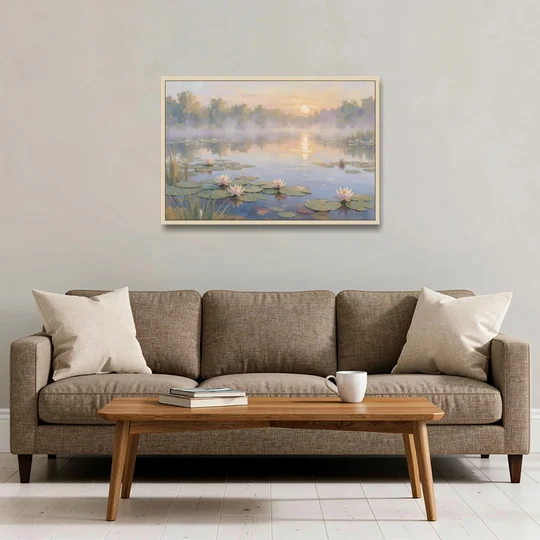 Misty Lily Pond at Sunrise for the Bedroom - Oak Framed Canvas Wall Art - Sofa - 36x24
