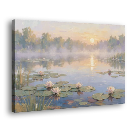 Misty Lily Pond at Sunrise for the Bedroom - Canvas Wall Art - Side
