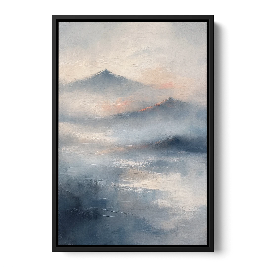 Misty Mountain Painting of Fading Summits - Black Framed Canvas Wall Art - Front
