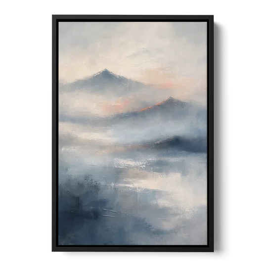 Misty Mountain Painting of Fading Summits - Black Framed Canvas Wall Art - Front