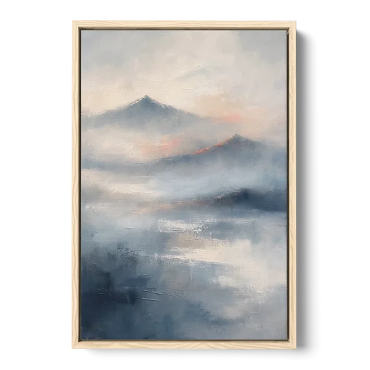 Misty Mountain Painting of Fading Summits - Oak Framed Canvas Wall Art - Front