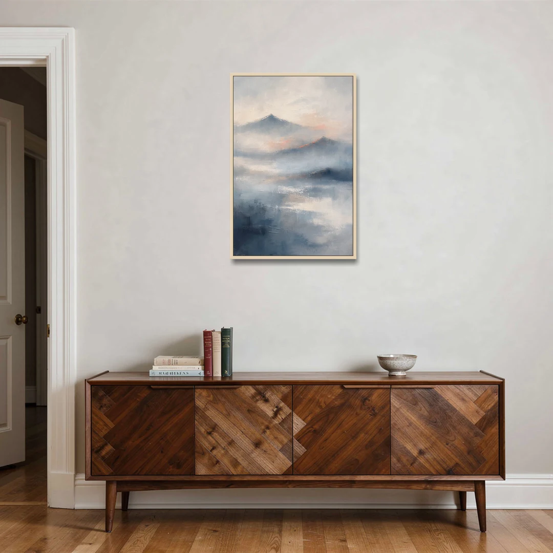 Misty Mountain Painting of Fading Summits - Oak Framed Canvas Wall Art - Coffee Table - 24x36