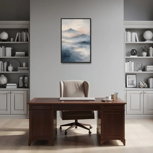 Misty Mountain Painting of Fading Summits - Black Framed Canvas Wall Art - Office - 24x36