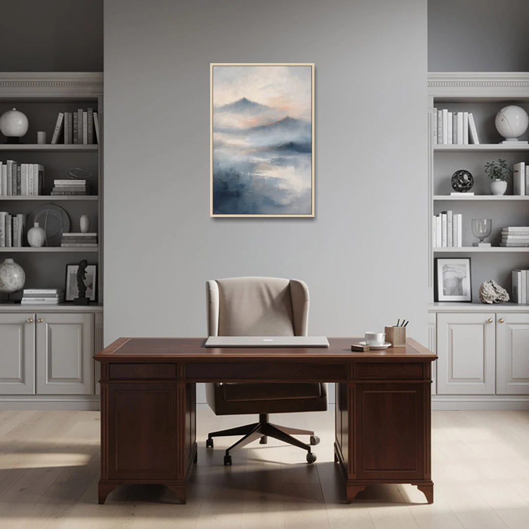 Misty Mountain Painting of Fading Summits - Oak Framed Canvas Wall Art - Office - 24x36