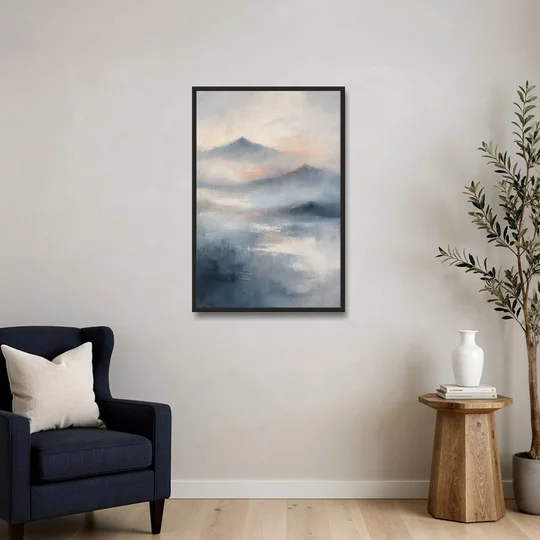Misty Mountain Painting of Fading Summits - Black Framed Canvas Wall Art - Sofa - 24x36
