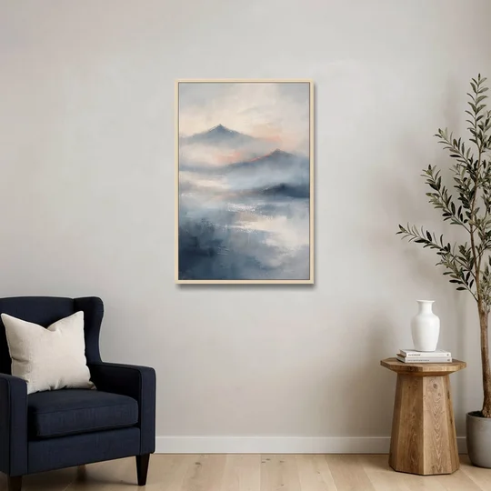 Misty Mountain Painting of Fading Summits - Oak Framed Canvas Wall Art - Sofa - 24x36
