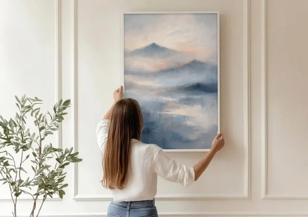 Misty Mountain Painting of Fading Summits canvas wall art being hung on a paneled wall