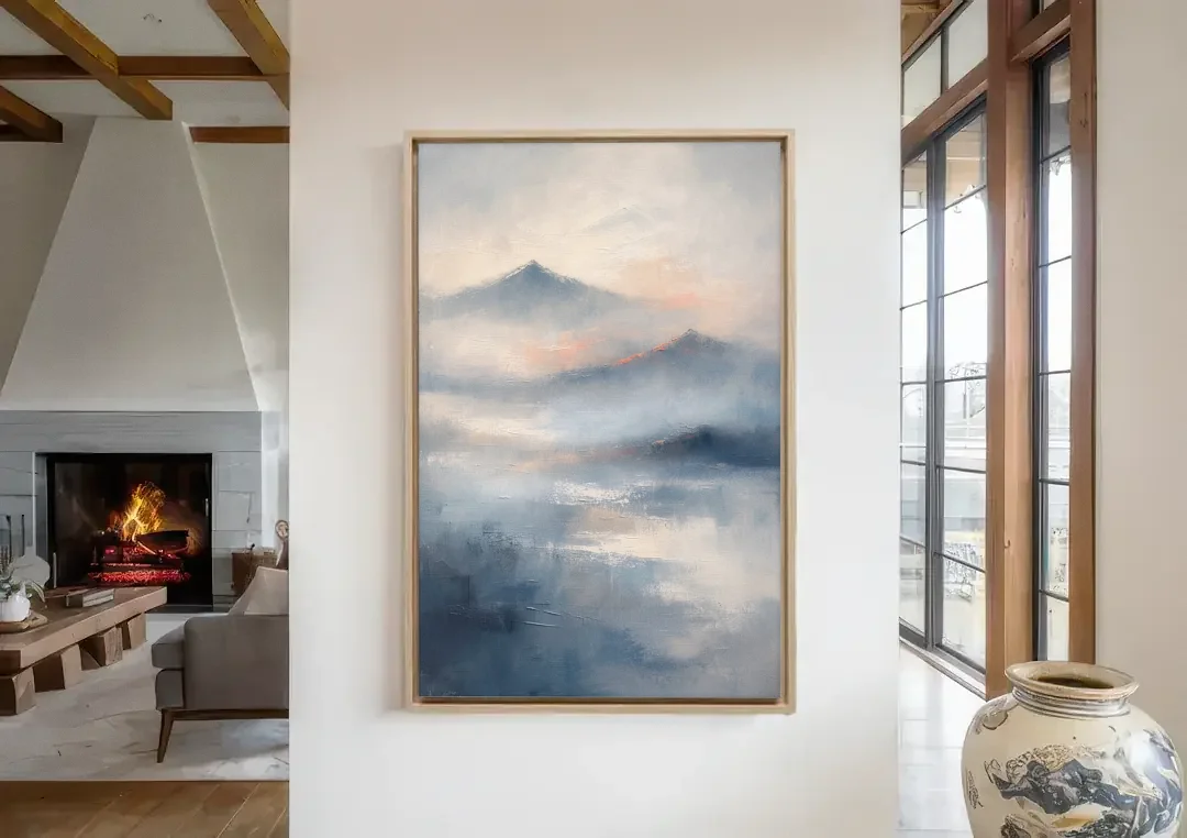 Misty Mountain Painting of Fading Summits canvas wall art in a living room with a fireplace
