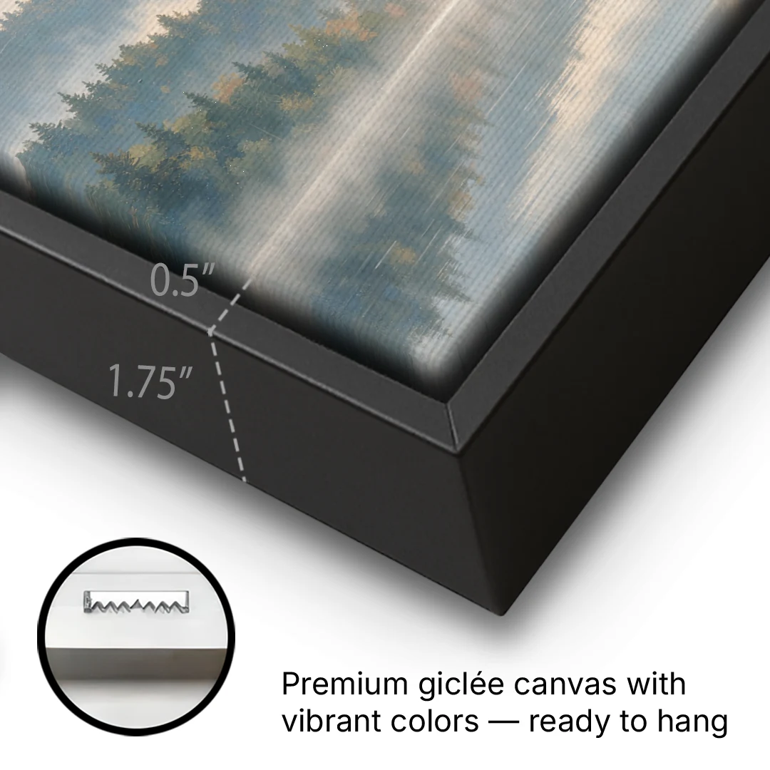 Misty Mountain Ridges at Dawn for the Bedroom - Black Framed Canvas Wall Art - Gallery Wrap Corner