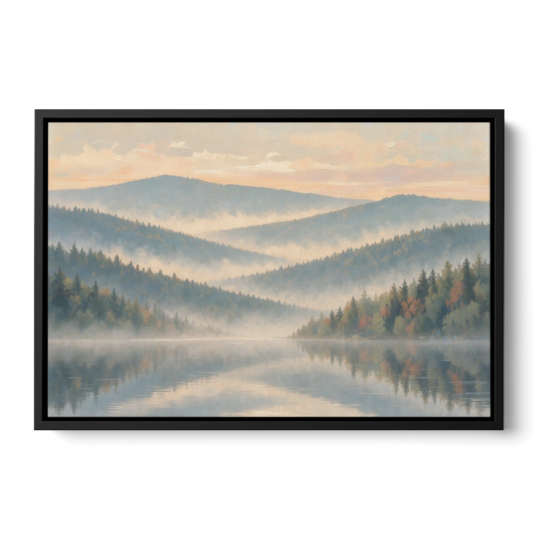 Misty Mountain Ridges at Dawn for the Bedroom - Black Framed Canvas Wall Art - Front