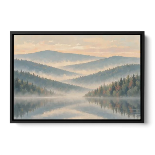 Misty Mountain Ridges at Dawn for the Bedroom - Black Framed Canvas Wall Art - Front