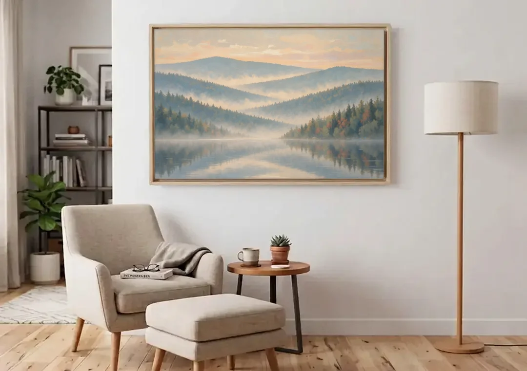 Misty Mountain Ridges at Dawn for the Bedroom canvas wall art above an armchair in a bright living room
