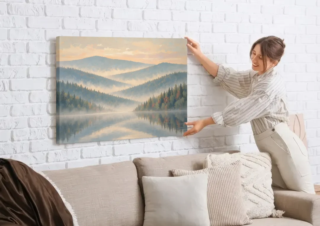 Misty Mountain Ridges at Dawn for the Bedroom canvas wall art being hung on a white brick wall above a sofa