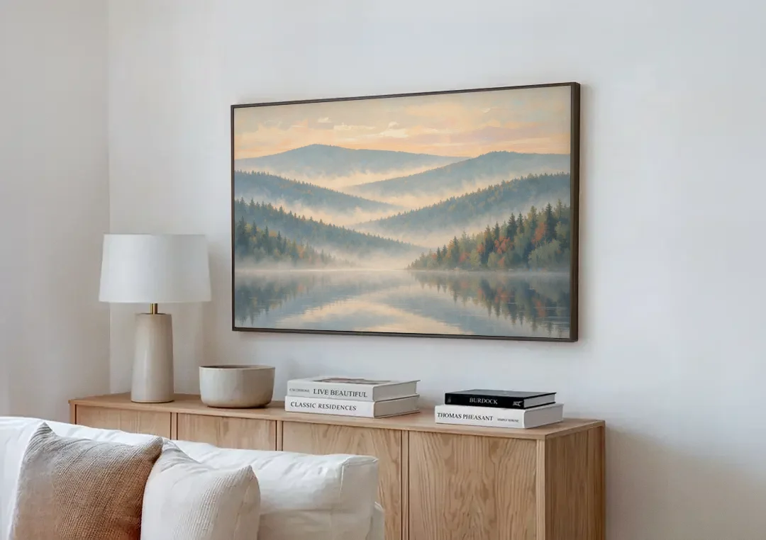 Misty Mountain Ridges at Dawn for the Bedroom canvas wall art above a wooden sideboard next to a sofa