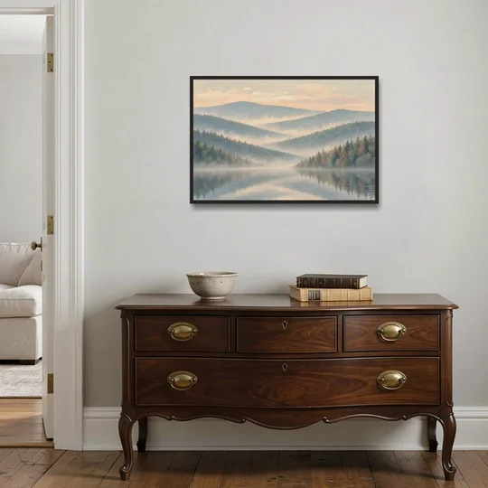 Misty Mountain Ridges at Dawn for the Bedroom - Black Framed Canvas Wall Art - Coffee Table - 36x24