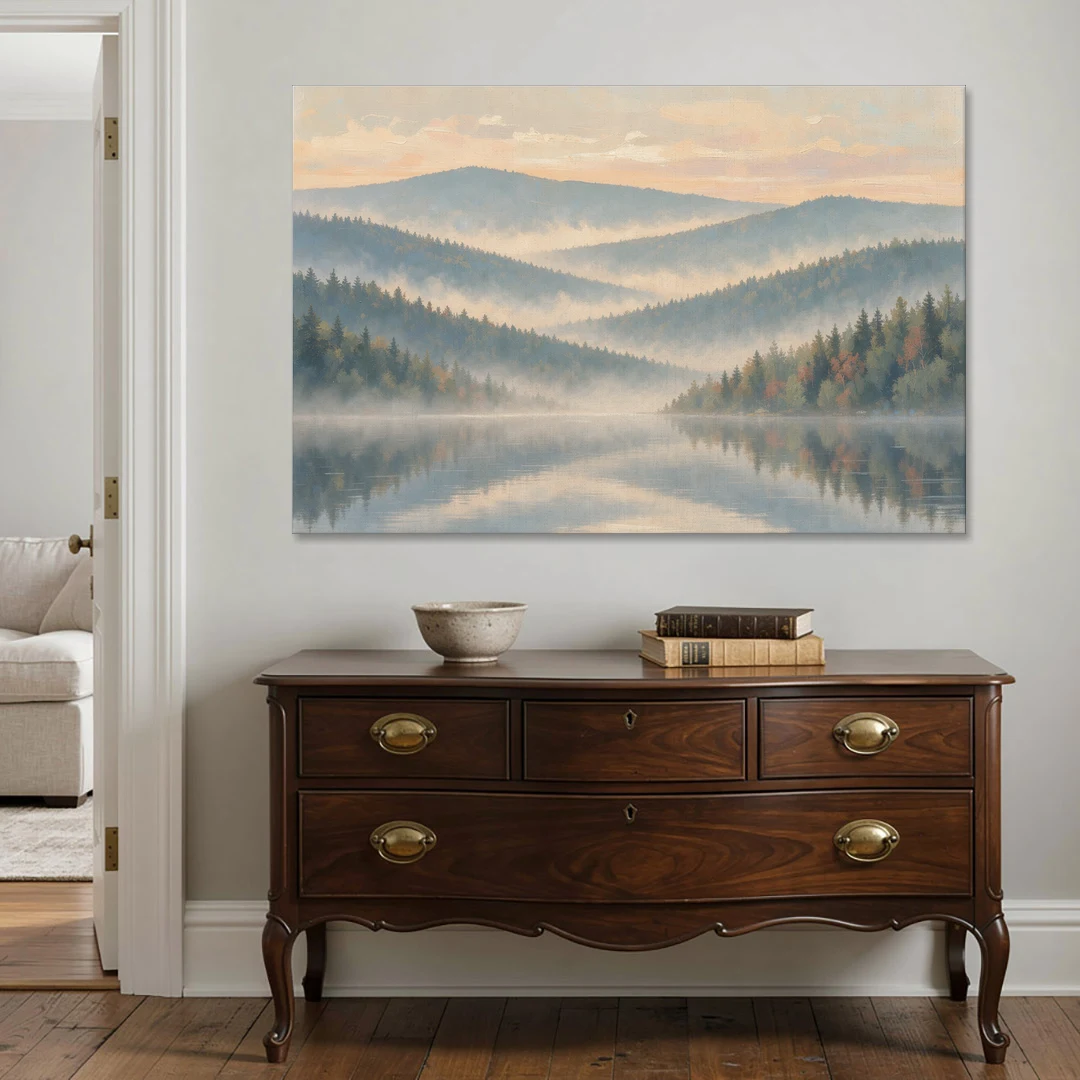 Misty Mountain Ridges at Dawn for the Bedroom - Canvas Wall Art - Coffee Table - 60x40