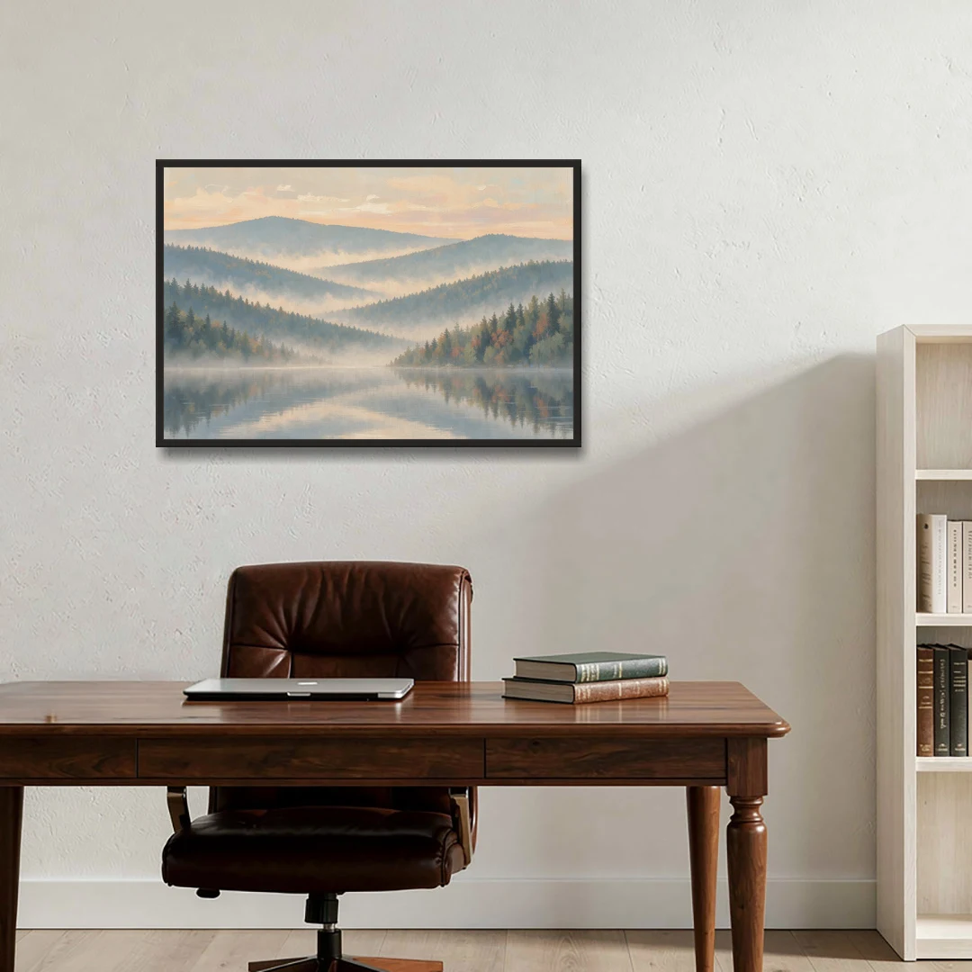 Misty Mountain Ridges at Dawn for the Bedroom - Black Framed Canvas Wall Art - Office - 36x24