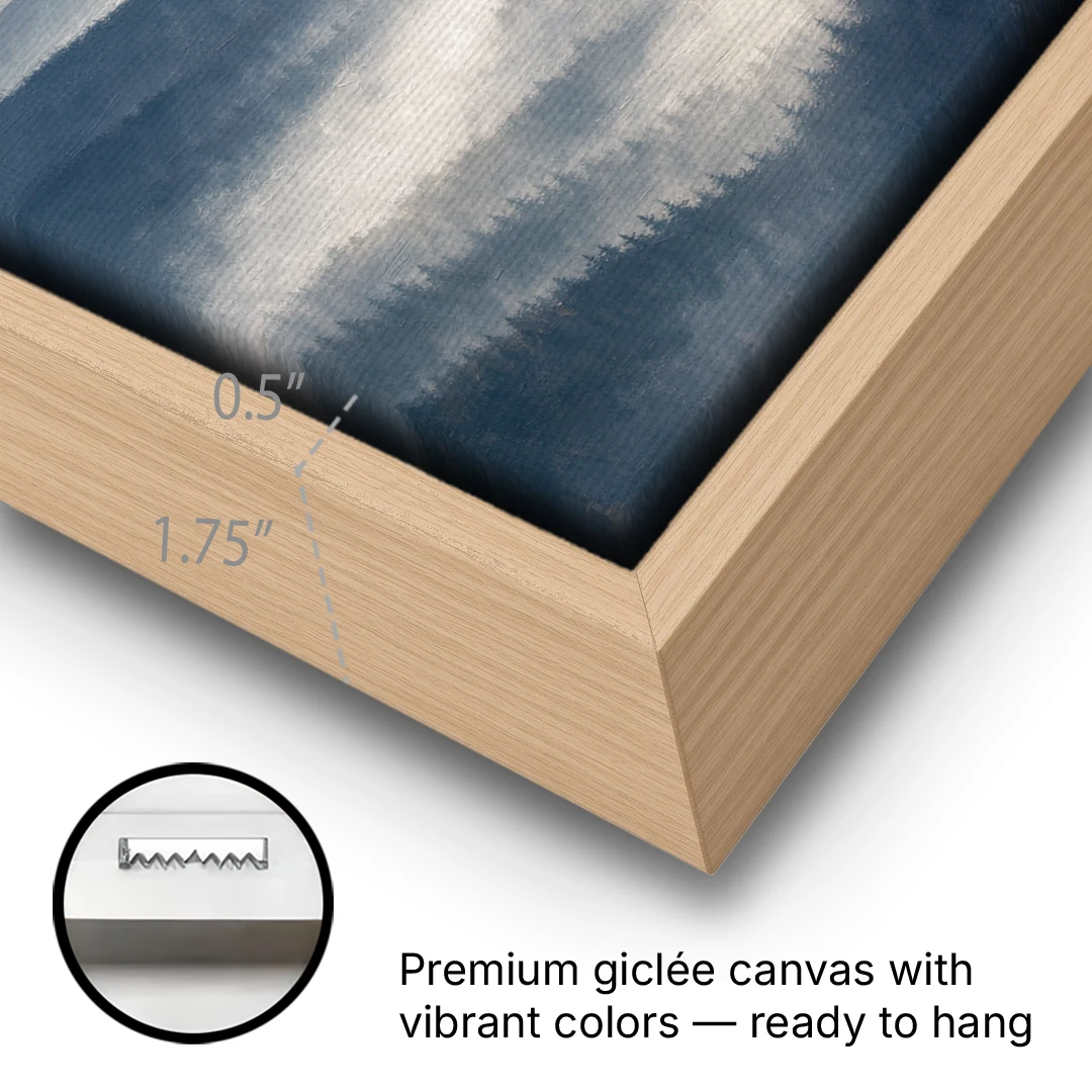 Misty Pine Ridges Over a Fog Valley - Oak Framed Canvas Wall Art - Gallery Wrap Corner