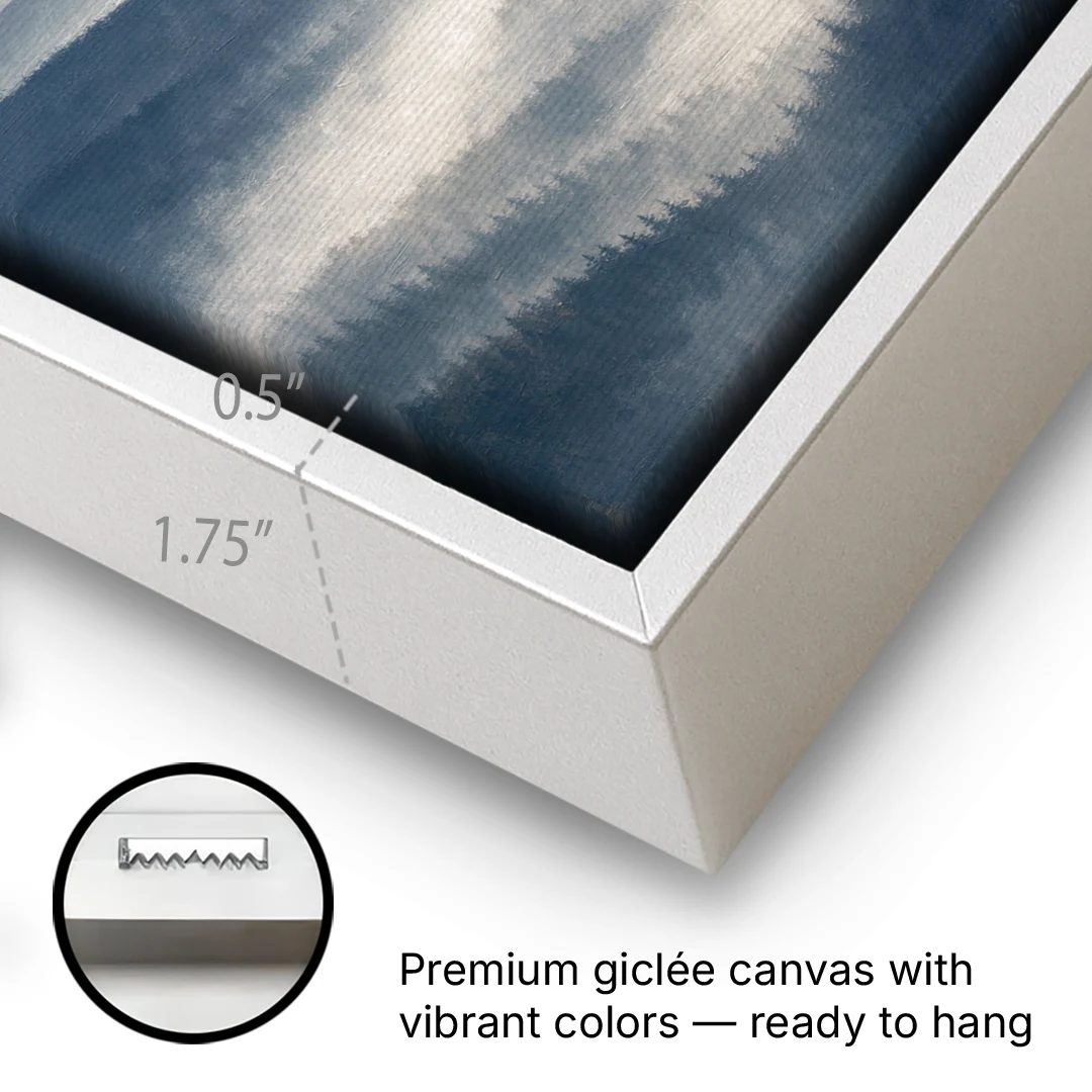 Misty Pine Ridges Over a Fog Valley - White Framed Canvas Wall Art - Gallery Wrap Corner