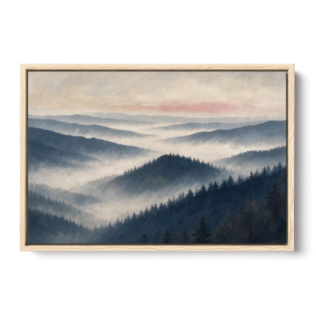 Misty Pine Ridges Over a Fog Valley - Oak Framed Canvas Wall Art - Front