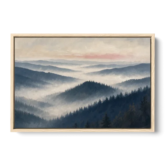 Misty Pine Ridges Over a Fog Valley - Oak Framed Canvas Wall Art - Front