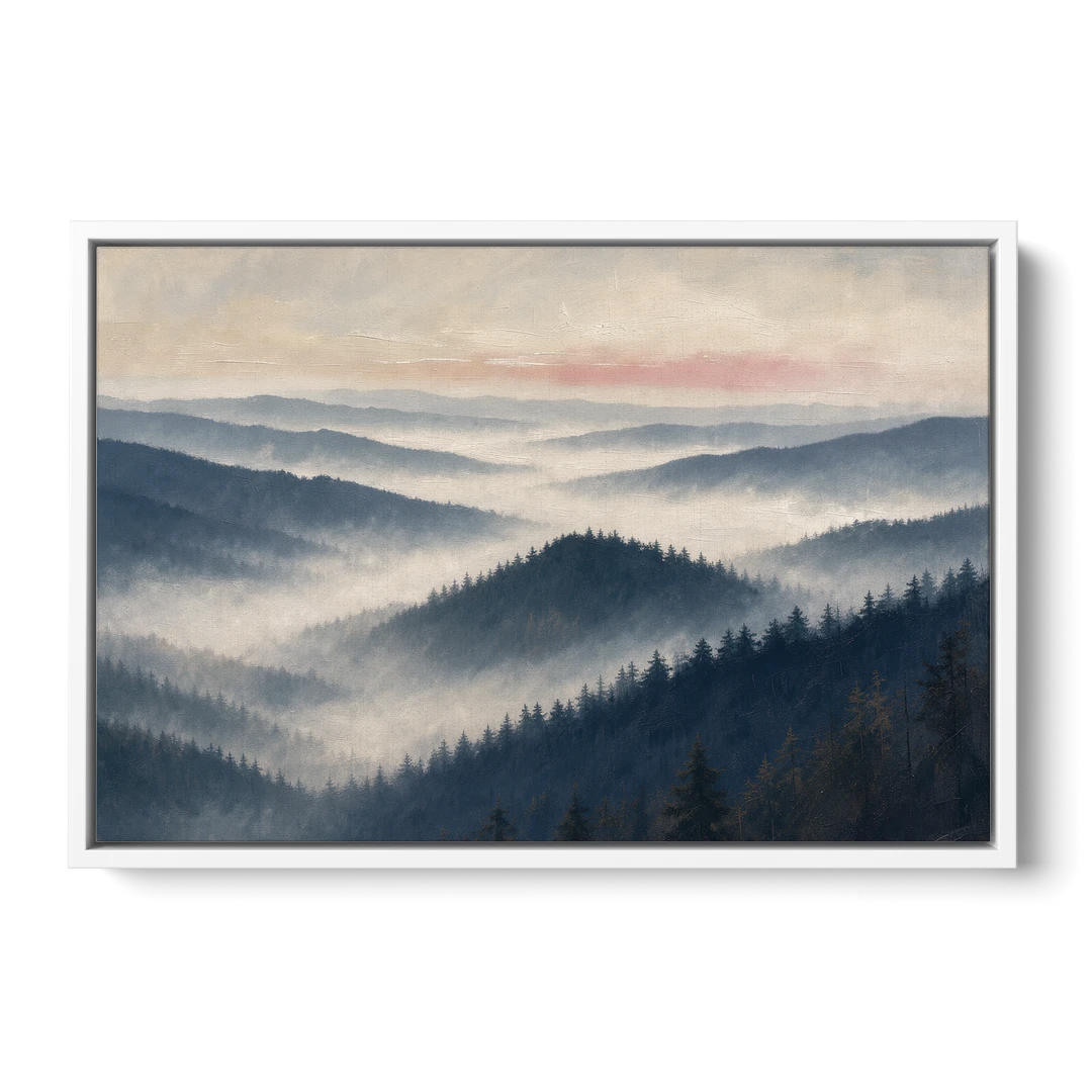 Misty Pine Ridges Over a Fog Valley - White Framed Canvas Wall Art - Front