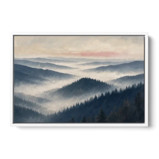 Misty Pine Ridges Over a Fog Valley - White Framed Canvas Wall Art - Front