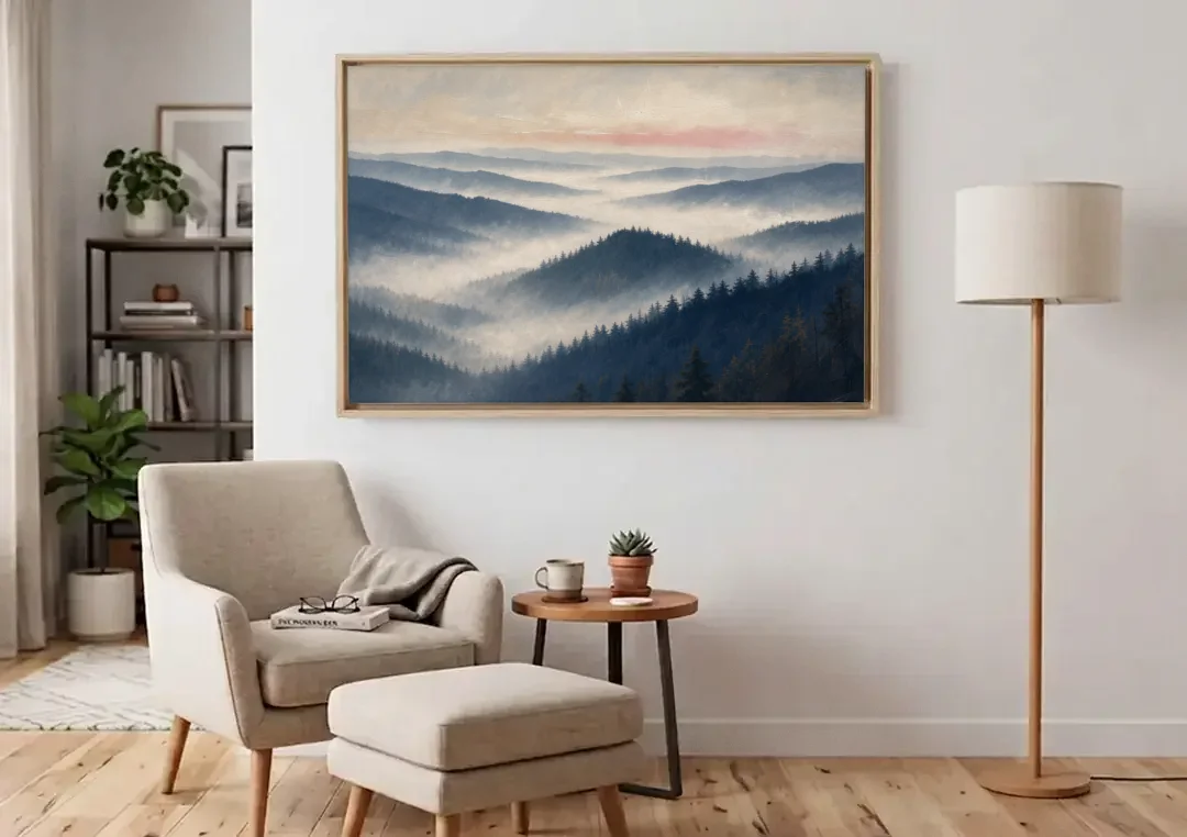 Misty Pine Ridges Over a Fog Valley canvas wall art above an armchair in a bright living room