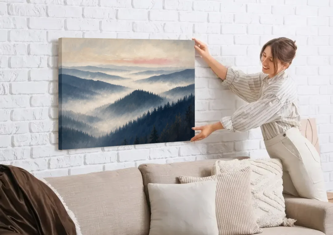 Misty Pine Ridges Over a Fog Valley canvas wall art being hung on a white brick wall above a sofa