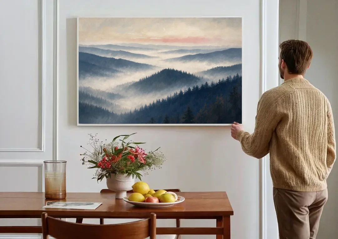 Misty Pine Ridges Over a Fog Valley canvas wall art above a dining table