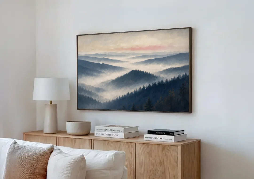 Misty Pine Ridges Over a Fog Valley canvas wall art above a wooden sideboard next to a sofa