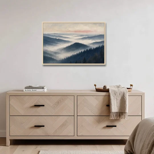 Misty Pine Ridges Over a Fog Valley - Oak Framed Canvas Wall Art - Coffee Table - 36x24