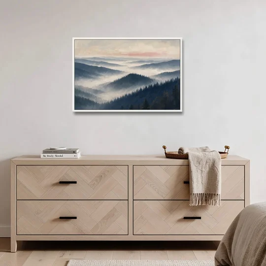 Misty Pine Ridges Over a Fog Valley - White Framed Canvas Wall Art - Coffee Table - 36x24