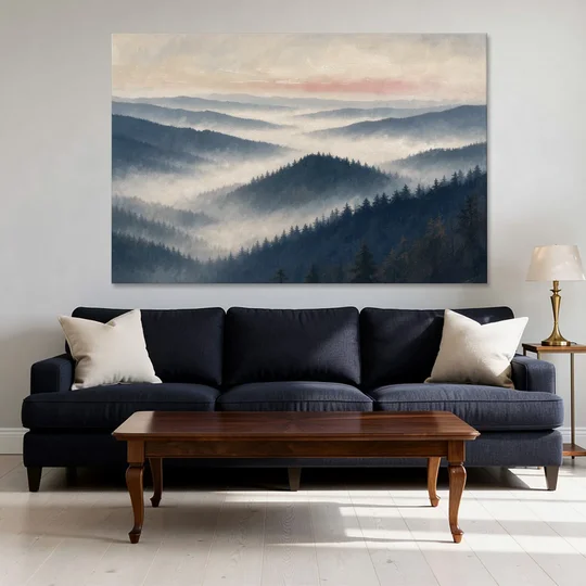 Misty Pine Ridges Over a Fog Valley - Canvas Wall Art - Sofa - 60x40