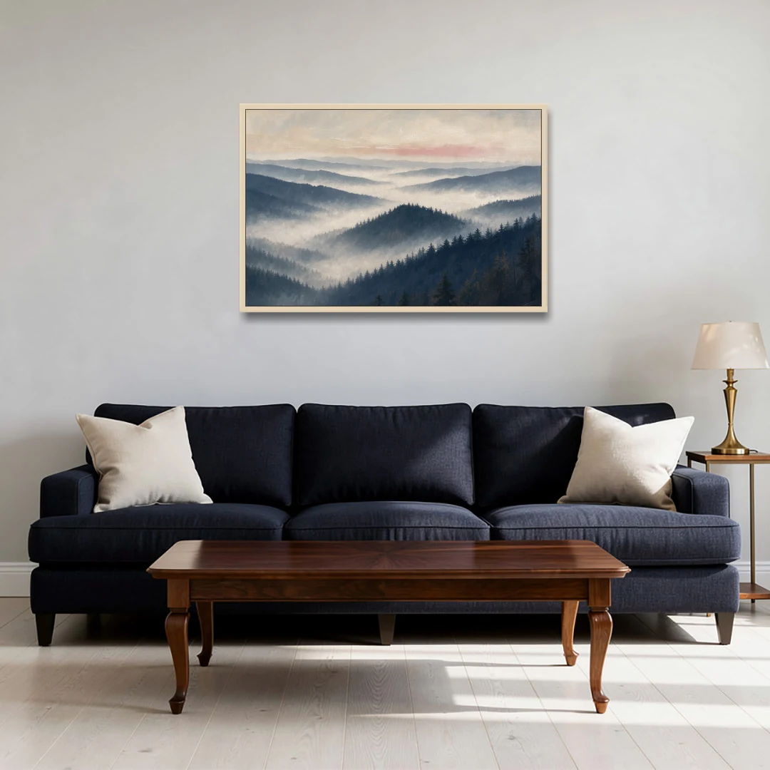 Misty Pine Ridges Over a Fog Valley - Oak Framed Canvas Wall Art - Sofa - 36x24