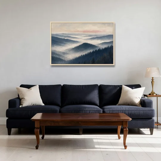 Misty Pine Ridges Over a Fog Valley - Oak Framed Canvas Wall Art - Sofa - 36x24