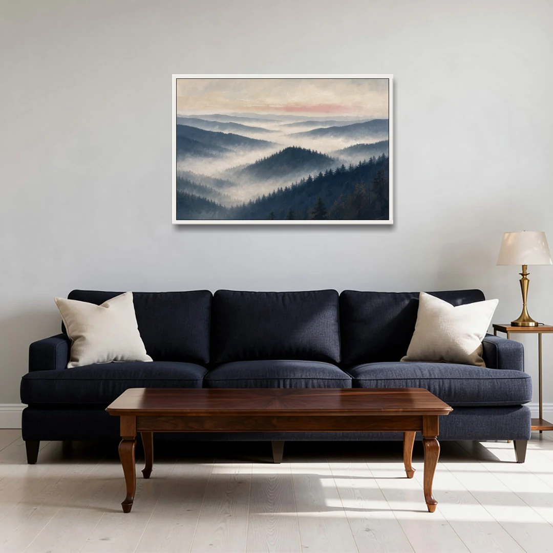 Misty Pine Ridges Over a Fog Valley - White Framed Canvas Wall Art - Sofa - 36x24