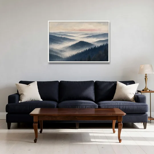 Misty Pine Ridges Over a Fog Valley - White Framed Canvas Wall Art - Sofa - 36x24