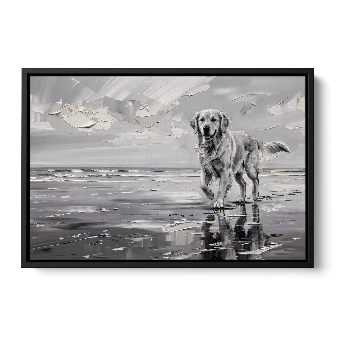 Misty Shore Golden Retriever in Black and White - Black Framed Canvas Wall Art - Front